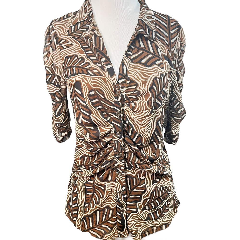 Jane + Delancey Womens Ruched Button‎ Front Leaf Print Blouse Brown White Medium